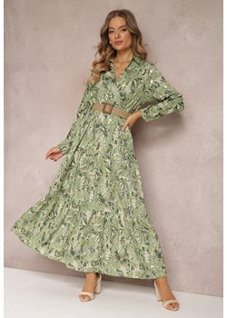 Jasnozielona Sukienka Maxi z Kołnierzykiem i Plecionym Paskiem Pertitus ze sklepu Renee odzież w kategorii Sukienki - zdjęcie 157083997