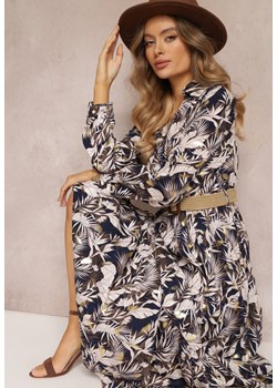 Granatowo-Beżowa Sukienka Maxi z Kołnierzykiem i Plecionym Paskiem Pertitus ze sklepu Renee odzież w kategorii Sukienki - zdjęcie 157084005