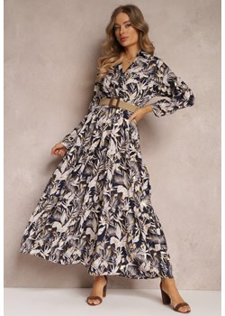 Granatowo-Beżowa Sukienka Maxi z Kołnierzykiem i Plecionym Paskiem Pertitus ze sklepu Renee odzież w kategorii Sukienki - zdjęcie 157084007