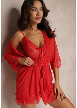 Czerwony 3-częściowy Komplet Piżamowy Koszula Nocna Szlafrok i Stringi Flatvale ze sklepu Renee odzież w kategorii Komplety bielizny damskiej - zdjęcie 157084105