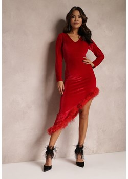 Czerwona Dopasowana Sukienka Midi z Ozdobnymi Piórami Battseh ze sklepu Renee odzież w kategorii Sukienki - zdjęcie 157084125