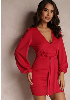 Czerwona Marszczona Sukienka z Bufiastymi Rękawami i Kokardką Minellos ze sklepu Renee odzież w kategorii Sukienki - zdjęcie 157084205