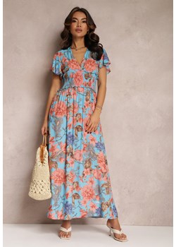 Niebieska Sukienka z Szeroką Gumką w Talii w Kwiaty Shathi ze sklepu Renee odzież w kategorii Sukienki - zdjęcie 157084546