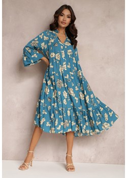 Niebieska Rozkloszowana Sukienka w Kwiaty Onilio ze sklepu Renee odzież w kategorii Sukienki - zdjęcie 157084579