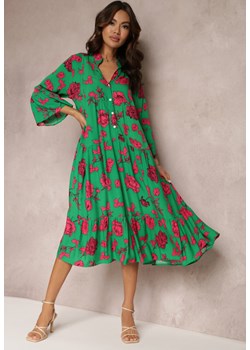 Zielona Rozkloszowana Sukienka w Kwiaty Onilio ze sklepu Renee odzież w kategorii Sukienki - zdjęcie 157084586