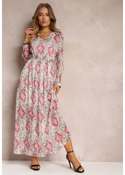 Beżowo-Bordowa Rozkloszowana Sukienka z Błyszczącą Nitką i Sznurkiem Fornid ze sklepu Renee odzież w kategorii Sukienki - zdjęcie 157084626