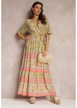 Jasnozielona Kopertowa Sukienka z Wiskozy z Falbanką i Gumką w Talii Vuai ze sklepu Renee odzież w kategorii Sukienki - zdjęcie 157084676
