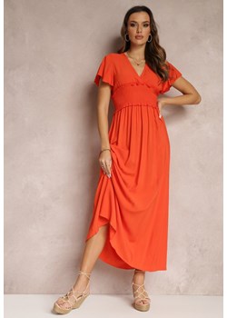 Pomarańczowa Wiskozowa Sukienka z Kopertowym Dekoltem i Gumką w Pasie Shura ze sklepu Renee odzież w kategorii Sukienki - zdjęcie 157084715