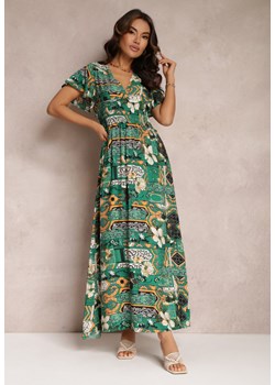 Zielona Długa Sukienka z Gumką w Pasie i Kopertowym Dekoltem Noesiz ze sklepu Renee odzież w kategorii Sukienki - zdjęcie 157084725