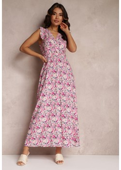 Różowo-Beżowa Kopertowa Sukienka Maxi z Gumką w Pasie i Falbaną Ammero ze sklepu Renee odzież w kategorii Sukienki - zdjęcie 157084835
