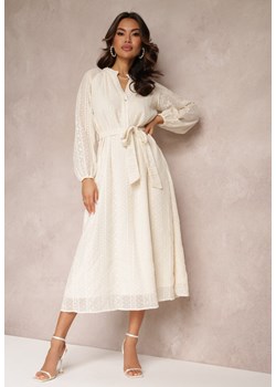 Beżowa Sukienka z Ozdobnym Haftem i Paskiem Deanna ze sklepu Renee odzież w kategorii Sukienki - zdjęcie 157085217