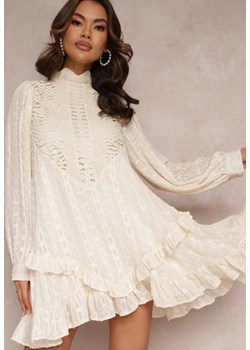 Jasnobeżowa Sukienka Mini z Falbankami i Koronkowymi Wstawkami Piolini ze sklepu Renee odzież w kategorii Sukienki - zdjęcie 157085316