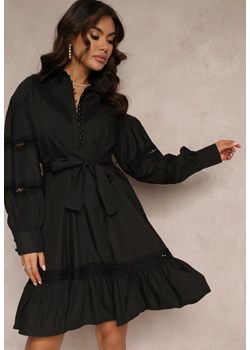 Czarna Koszulowa Sukienka z Perłowymi Guzikami i Koronkowymi Wstawkami Shyanne ze sklepu Renee odzież w kategorii Sukienki - zdjęcie 157085346