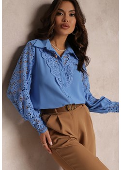 Niebieska Ażurowa Koszula z Bufiastym Rękawem i Perłowymi Guzikami Ingebo ze sklepu Renee odzież w kategorii Koszule damskie - zdjęcie 157085395