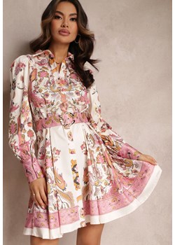 Jasnobeżowa Koszulowa Sukienka Satynowa z Paskiem Natilo ze sklepu Renee odzież w kategorii Sukienki - zdjęcie 157085786