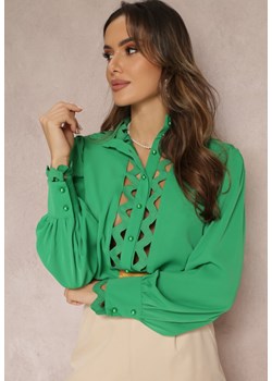Zielona Koszula z Koronkową Wstawką i Stójką Rosi ze sklepu Renee odzież w kategorii Koszule damskie - zdjęcie 157086118