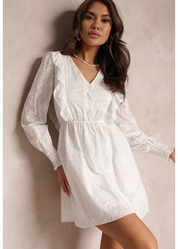 Biała Haftowana Sukienka z Gumką w Pasie i Falbankami Caceida ze sklepu Renee odzież w kategorii Sukienki - zdjęcie 157086169
