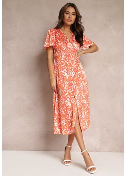 Pomarańczowa Satynowa Sukienka Midi z Gumkami w Pasie Alease ze sklepu Renee odzież w kategorii Sukienki - zdjęcie 157086176