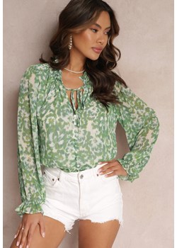 Zielona Koszula w Kwiaty z Falbanką przy Dekolcie i Rękawach Navy ze sklepu Renee odzież w kategorii Koszule damskie - zdjęcie 157086206