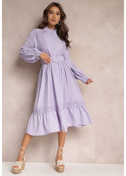 Fioletowa Koszulowa Sukienka Midi z Koronką i Paskiem z Klamrą Tocotte ze sklepu Renee odzież w kategorii Sukienki - zdjęcie 157086665