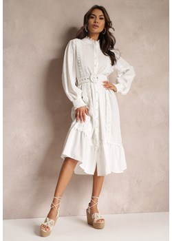 Biała Koszulowa Sukienka Midi z Koronką i Paskiem z Klamrą Tocotte ze sklepu Renee odzież w kategorii Sukienki - zdjęcie 157086675
