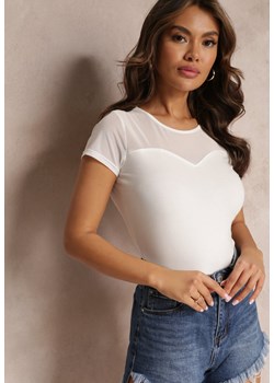 Biała Bluzka z Siateczkowym Dekoltem i Krótkim Rękawem Taines ze sklepu Renee odzież w kategorii Bluzki damskie - zdjęcie 157086745