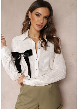 Biała Koszula z Kołnierzem i Kokardą z Cyrkoniami Mirabell ze sklepu Renee odzież w kategorii Koszule damskie - zdjęcie 157087049