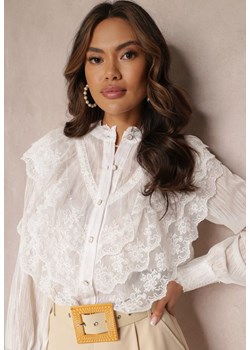 Biała Koszula z Błyszczącą Nitką i Haftowanymi Wstawkami Daizee ze sklepu Renee odzież w kategorii Koszule damskie - zdjęcie 157087077