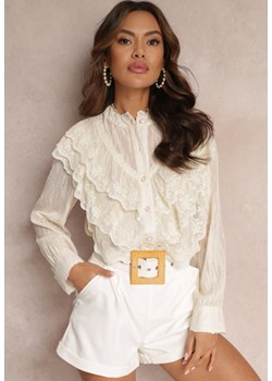 Jasnobeżowa Koszula z Błyszczącą Nitką i Haftowanymi Wstawkami Daizee ze sklepu Renee odzież w kategorii Koszule damskie - zdjęcie 157087085