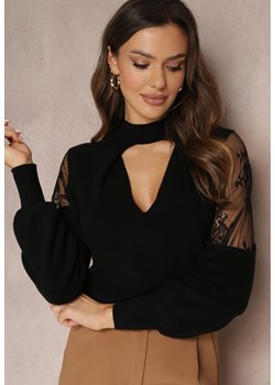 Czarny Sweter z Golfem Wycięciem i Koronką na Rękawie Indiah ze sklepu Renee odzież w kategorii Swetry damskie - zdjęcie 157087278