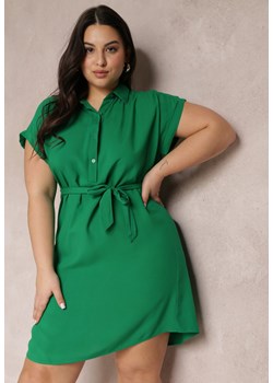 Zielona Sukienka Mini z Wiskozy z Kołnierzem i Materiałowym Paskiem  Mazayah ze sklepu Renee odzież w kategorii Sukienki - zdjęcie 157088238