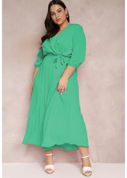 Zielona Kopertowa Sukienka z Gumką i Paskiem w Talii Zdobiona Plisowaniem Kaylina ze sklepu Renee odzież w kategorii Sukienki - zdjęcie 157088308