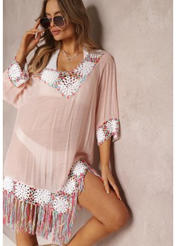 Różowa Asymetryczna Tunika Boho z Frędzlami Kayce ze sklepu Renee odzież w kategorii Odzież plażowa - zdjęcie 157088479