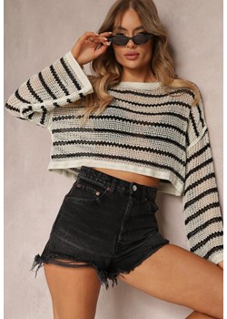 Jasnobeżowy Szydełkowy Sweter z Bawełny w Paski Oversize Barakah ze sklepu Renee odzież w kategorii Swetry damskie - zdjęcie 157088549