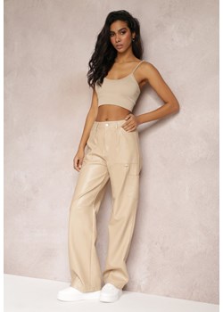 Jasnobeżowe Spodnie z Imitacji Skóry Szerokie Narash ze sklepu Renee odzież w kategorii Spodnie damskie - zdjęcie 157088679