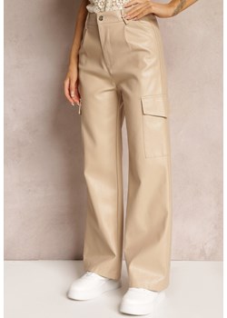 Jasnobeżowe Szerokie Spodnie z Wysokim Stanem z Imitacji Skóry Alymia ze sklepu Renee odzież w kategorii Spodnie damskie - zdjęcie 157088706