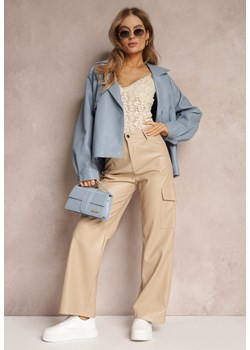Jasnobeżowe Szerokie Spodnie z Wysokim Stanem z Imitacji Skóry Alymia ze sklepu Renee odzież w kategorii Spodnie damskie - zdjęcie 157088708