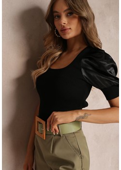 Czarna Prążkowana Bluzka z Satynowymi Rękawami Thinih ze sklepu Renee odzież w kategorii Bluzki damskie - zdjęcie 157088748