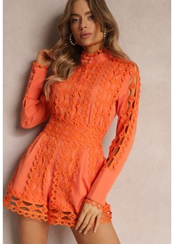 Pomarańczowy Krótki Kombinezon z Ażurowej Tkaniny ze Stójką Violras ze sklepu Renee odzież w kategorii Kombinezony damskie - zdjęcie 157088948