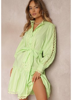 Jasnozielona Sukienka Midi z Ażurowymi Wstawkami i Wiązanym Paskiem Hudo ze sklepu Renee odzież w kategorii Sukienki - zdjęcie 157089068