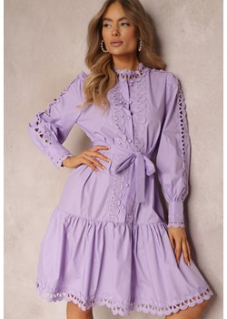 Jasnofioletowa Sukienka Midi z Ażurowymi Wstawkami i Wiązanym Paskiem Hudo ze sklepu Renee odzież w kategorii Sukienki - zdjęcie 157089078