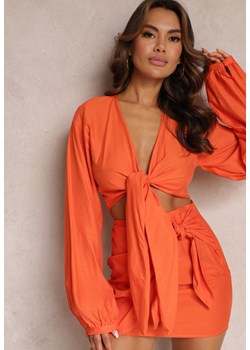 Pomarańczowy 2-częściowy Komplet Casual z Bluzką i Spódnicą Mini Udekorowanych Wiązaniem Beasia ze sklepu Renee odzież w kategorii Komplety i garnitury damskie - zdjęcie 157089125