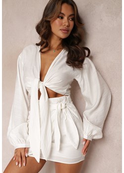 Biały 2-częściowy Komplet Casual z Bluzką i Spódnicą Mini Udekorowanych Wiązaniem Beasia ze sklepu Renee odzież w kategorii Komplety i garnitury damskie - zdjęcie 157089135