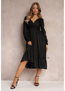 Czarna Sukienka Midi z Falbanką na Dole i Supełkiem przy Trójkątnym Dekolcie Nimalisa ze sklepu Renee odzież w kategorii Sukienki - zdjęcie 157089155