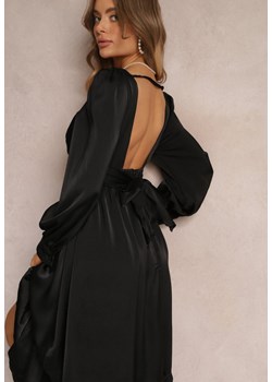 Czarna Sukienka Midi z Falbanką na Dole i Supełkiem przy Trójkątnym Dekolcie Nimalisa ze sklepu Renee odzież w kategorii Sukienki - zdjęcie 157089156
