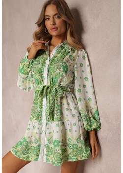 Jasnozielona Wiązana Sukienka z Kołnierzykiem i Gumką w Pasie Santanna ze sklepu Renee odzież w kategorii Sukienki - zdjęcie 157089215