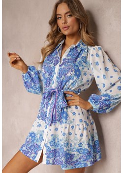 Niebieska Wiązana Sukienka z Kołnierzykiem i Gumką w Pasie Santanna ze sklepu Renee odzież w kategorii Sukienki - zdjęcie 157089226