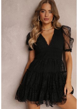 Czarna Sukienka z Koronkową Siateczką i Bufiastymi Transparentnymi Rękawami Payge ze sklepu Renee odzież w kategorii Sukienki - zdjęcie 157089257