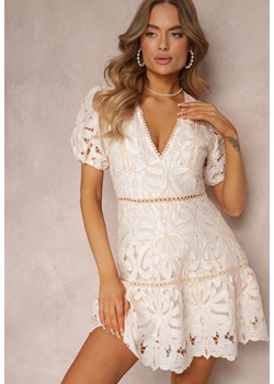 Różowo-Biała Sukienka z Ażurowej Tkaniny i Bufiastym Rękawem Cesiala ze sklepu Renee odzież w kategorii Sukienki - zdjęcie 157089277