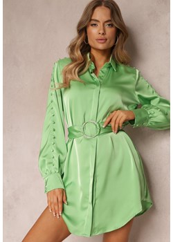 Zielona Koszulowa Sukienka Satynowa z Paskiem i Ozdobnymi Guzikami Ortensia ze sklepu Renee odzież w kategorii Sukienki - zdjęcie 157089307